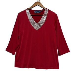 Susan Graver Top Womens L Red V-Neck Sequin Trim 3/4 Sleeve Stretch Liquid Knit